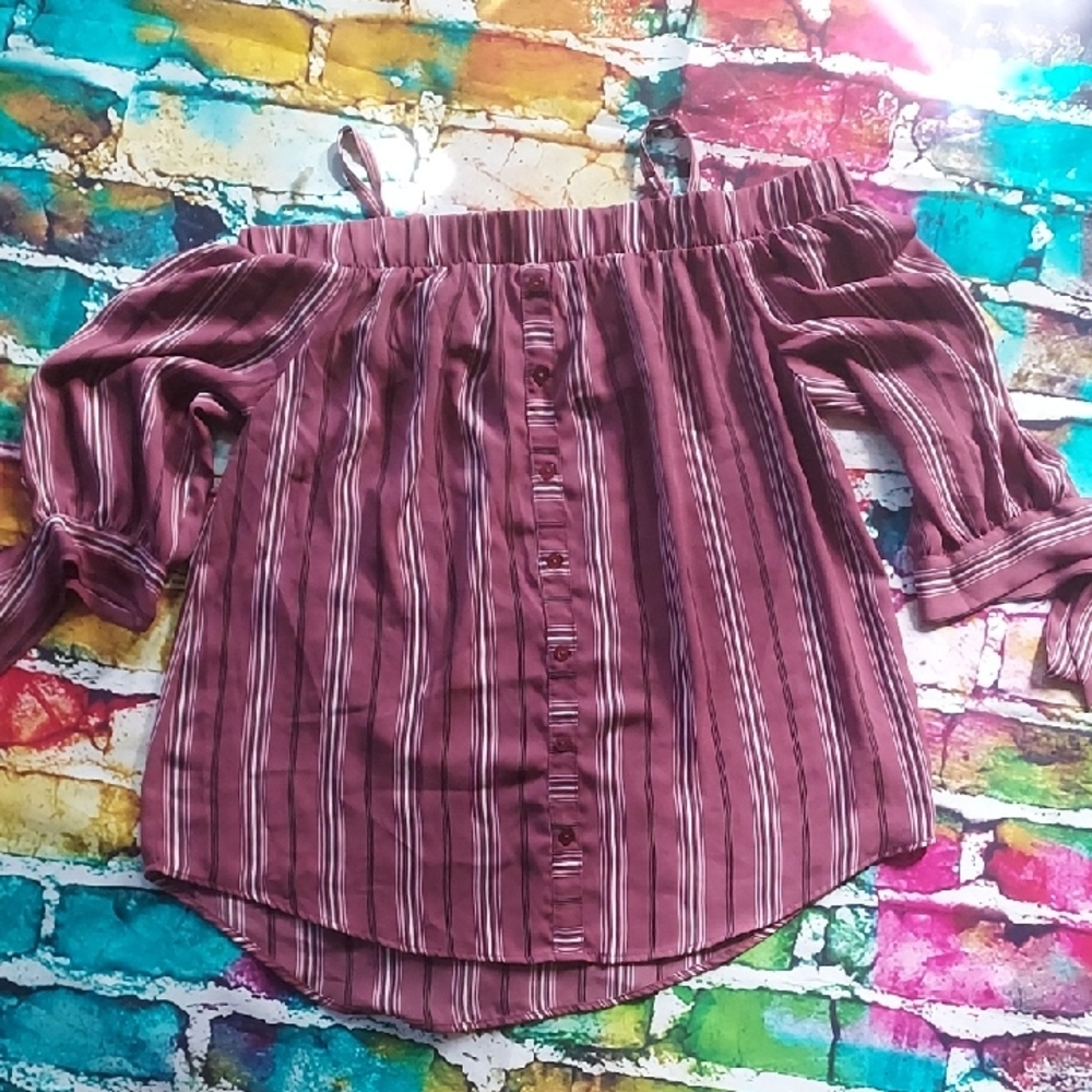 A. Byer Burgundy Striped Off-Shoulder Blouse